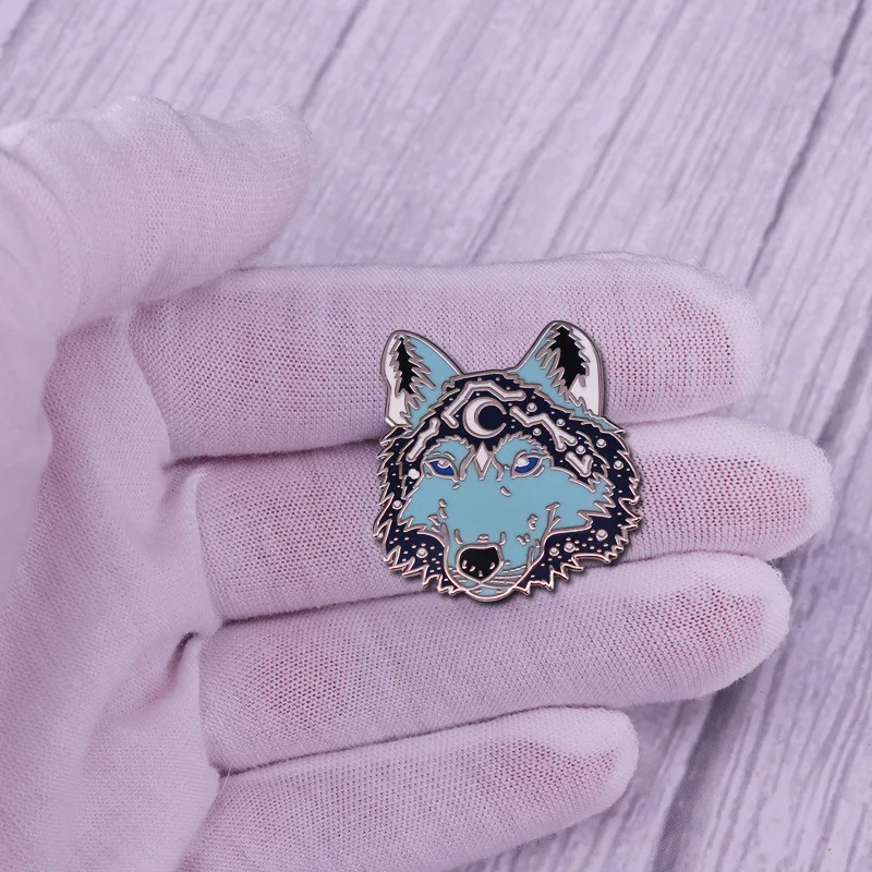 Луна волк голова брошь значок с небесным гороскопом загадочный синий глаз -