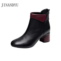 leather shoes ladies black boots chunky heels ankle boots size 42 41 casual leather boots for women fashion autumn winter shoes