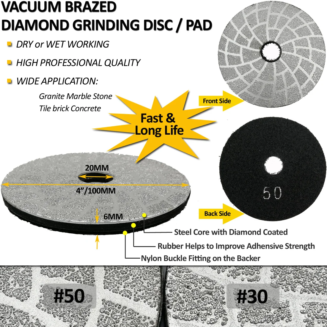 

4" Vacuum Brazed Diamond Grinding Disc Diameter 100mm Dry or Wet Grinding Shaping Or Beveling Smoothing Rough Surfaces