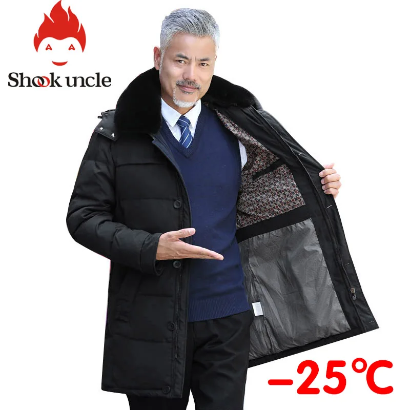 winter Down coat middle age men casual warm hooded down coats luxury high quality fur collar thick long down jacket men