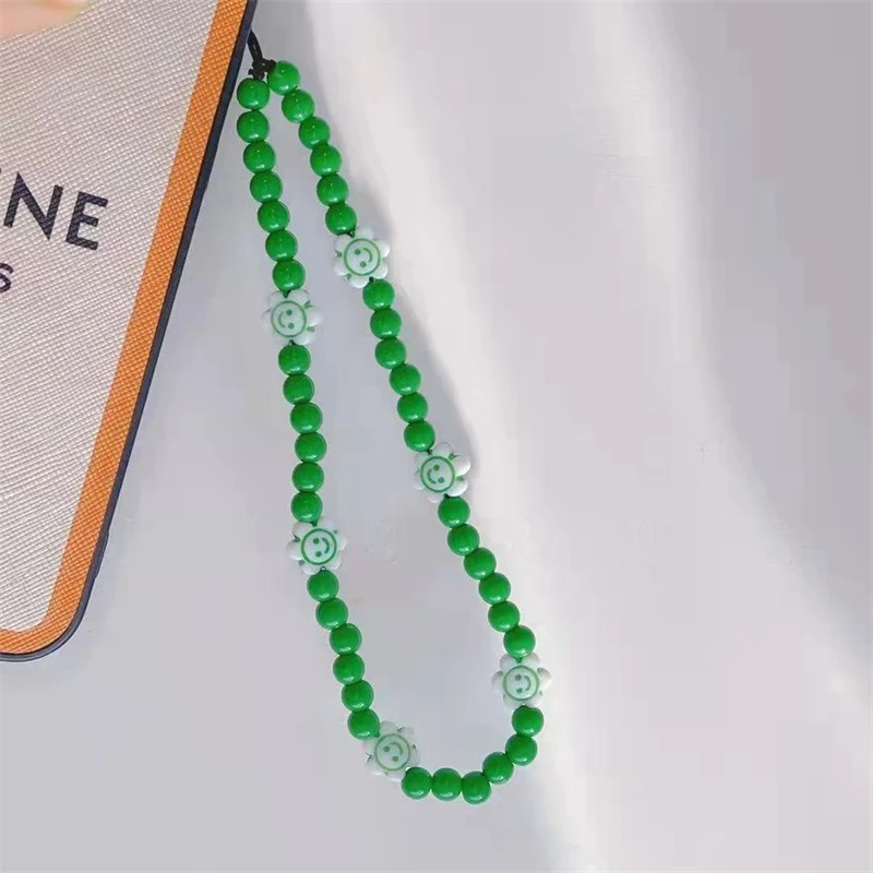 

Cute And Fashion Green Resin Round Beads Flower Smiley Face Mobile Phone Chain Women's Telephone Anti-Lost Lanyard Jewelry Gifts
