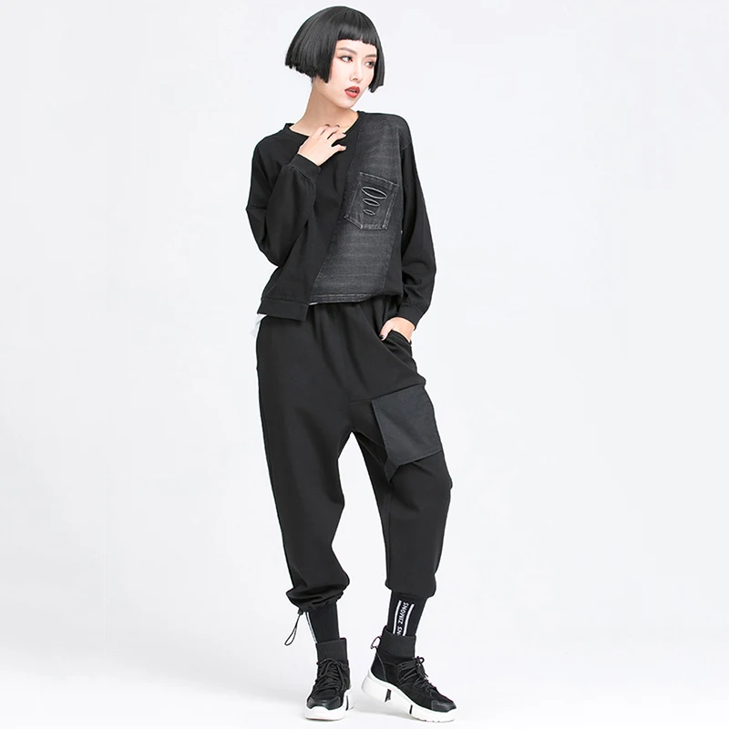 

Waist High Elastic Black Pocket Split Long Harem Trousers New Loose Fit Pants Women Fashion Tide Spring Autumn 2021 1Y497