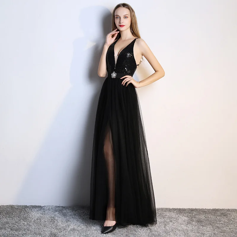 Sexy Black Deep V-neck Perspective Decoration Body Open Nightclub Show Evening Dresses Host Detailed Banquet Dress Long | Свадьбы и