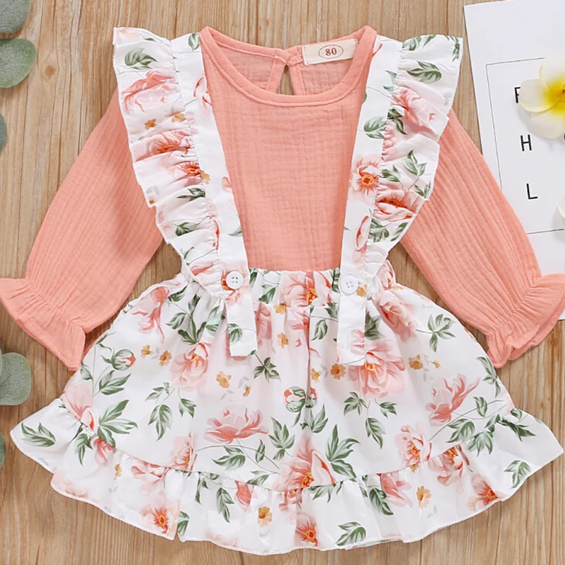 

2 Pcs Baby Girls Solid Color Petal Sleeve Round Neck Top Suspender Sleeveless Floral Printed Skirt Fashion Cotton Sets