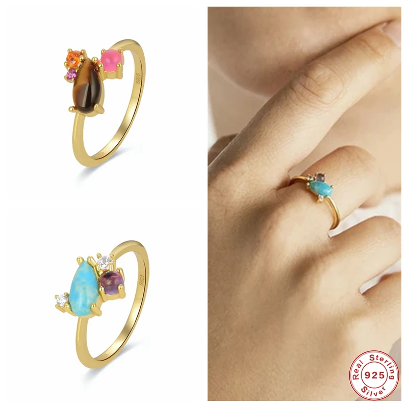 

GS 925 Sterling Silver Oval Blue Turquoise Coffee Color Zircon Rings For Women Gift Boho Wedding Engagement Ring Party Jewelry