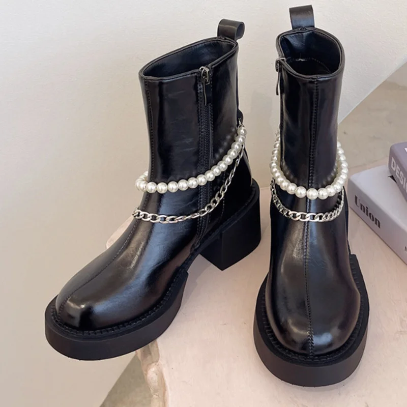

Boots Ankle for Women Brand Design Metal Chain Platform Boots Round Toe Short Boots Women Chunky Heel Shoe Woman Botas