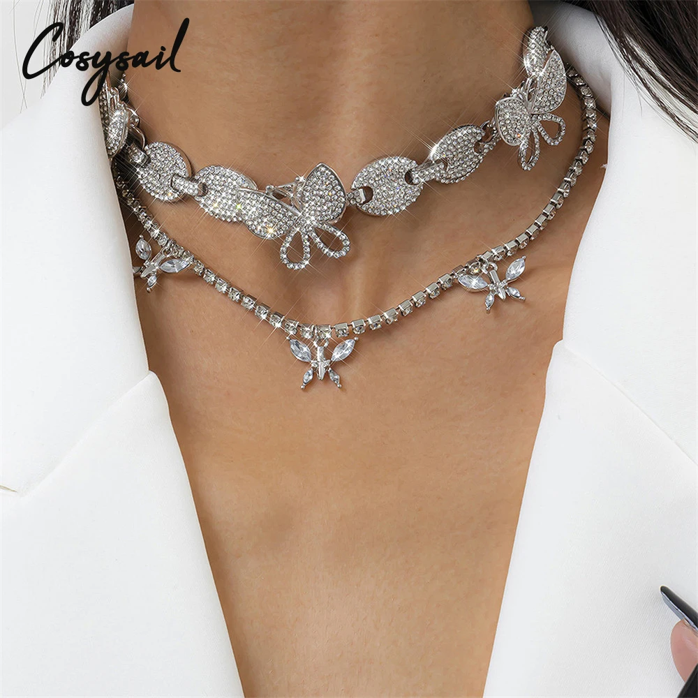 

Cosysail 2Pcs Shiny Rhinestone Butterfly Choker Necklace for Women Trendy Crystal Miami Cuban Chain Necklace Nightclub Jewelry
