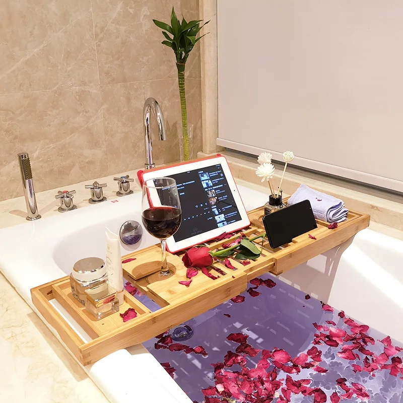 

70-105cm Extendable Bamboo Bath Caddy Tray Nonslip Bath Tray Spa Bathtub Book Wine Tablet Bathroom Wooden Bathtub Bar Storage