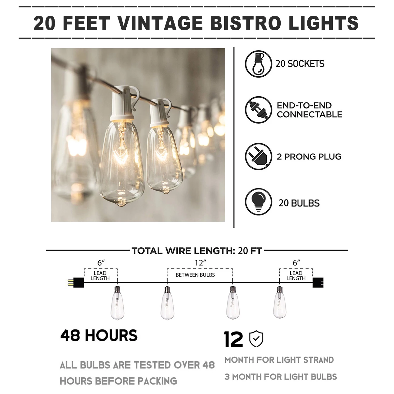 Наружные струнные светильники 20 футов с лампами Эдисона винтажные бистро