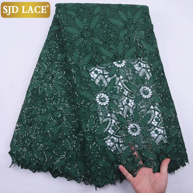 

SJD LACE Green African Lace Fabric With Sequins Milk Silk Guipure Cord Laces High Quality Water Soluble Wedding Party Sew A2163