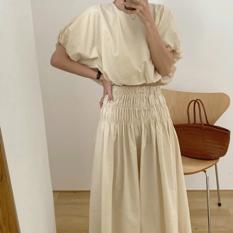 

Oversized Summer Vintage 2 Two Piece Skirts Sets Women Outfits Puff Sleeve Crop Top and Elastic Waist Pleat Long A-line Skirt