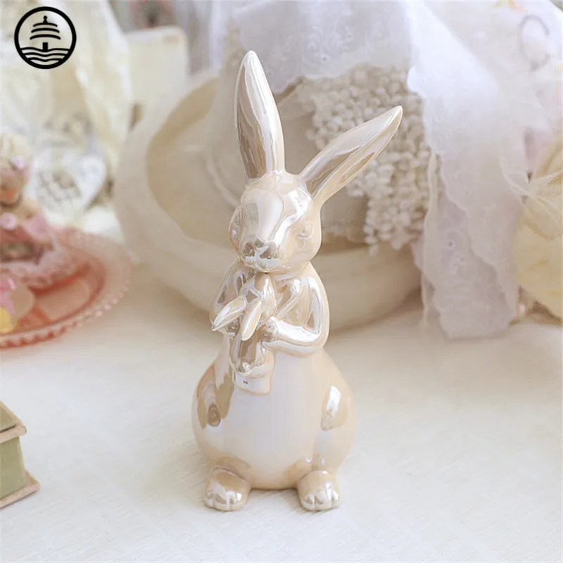 

Художественная Скульптура в виде кролика, статуэтка с жемчужным блеском, Фигурка кролика, мамы, ребенка, керамическое ремесло, украшение дл...