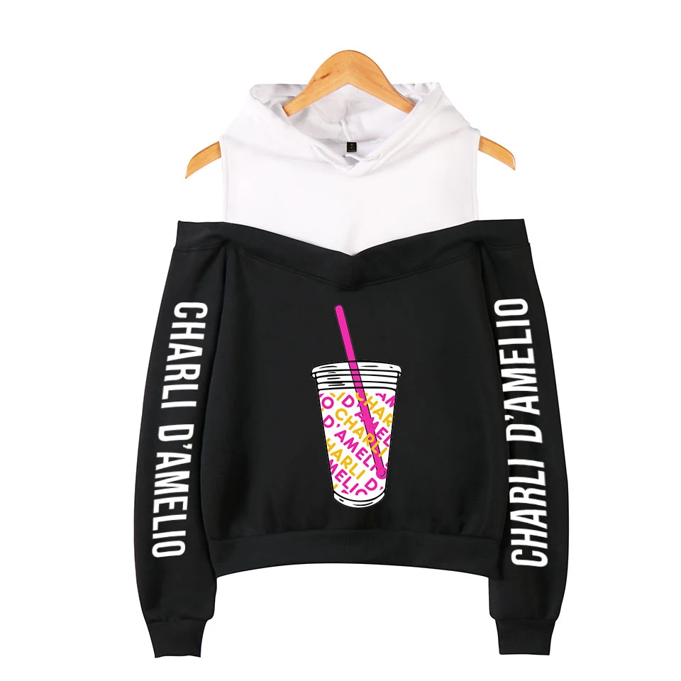 

Women Charli D'amelio Hoodies Fashion Lady Suspender Sweatshirt Off Shoulder Street Wear Casual Top Harajuku Girl Hooded Full