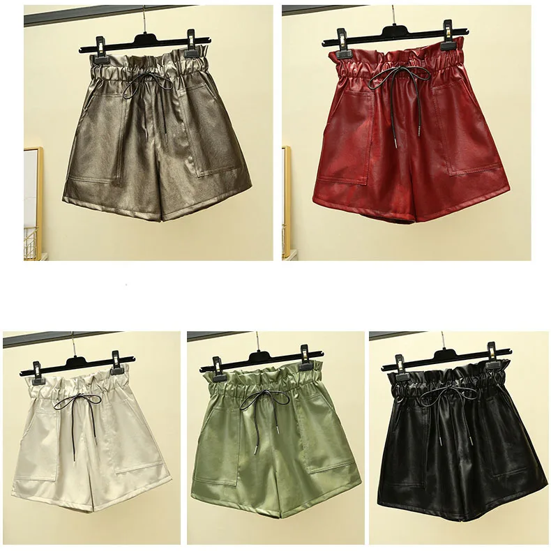 Осенние зимние кожаные шорты бежевые красные зеленые Серебристые серые черные