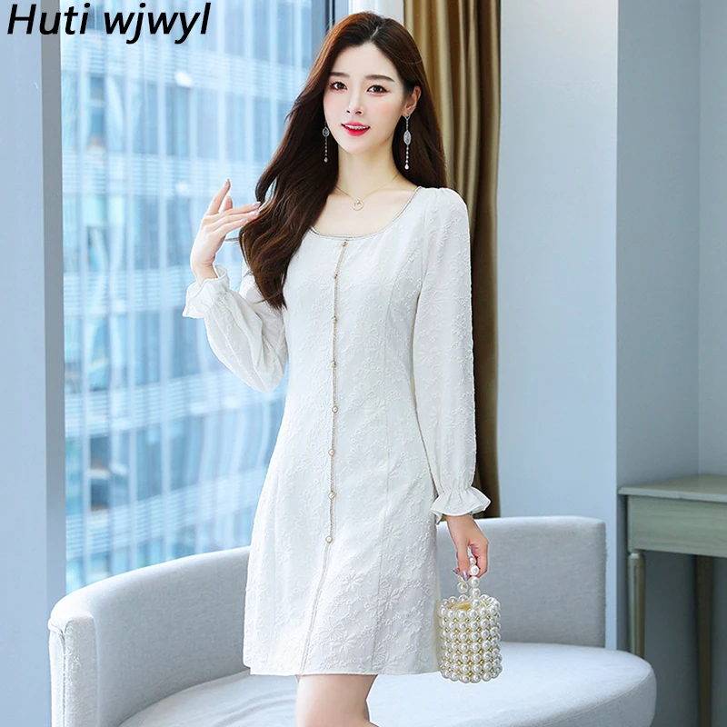 

2022 Fashion Jacquard Night Dresses Spring Autumn Korean Bodycon Sexy Club White Mini Vestidos Women Elegant Party Vintage Dress