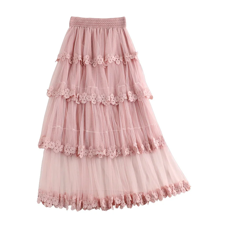 

K9 early spring new high waisted thin mesh mosaic leaf lace cake skirt with all kinds of medium and long skirt