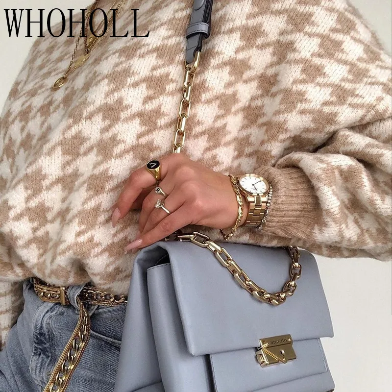 

Women geometric khaki knitted sweater women casual Houndstooth lady pullover sweater female Autumn winter retro jumper