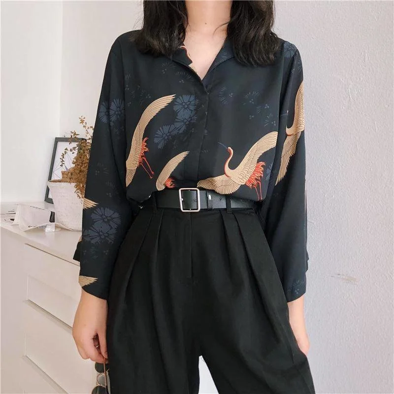 

2021 Vintage Womens Tops and Blouses Print Crane Korean Casual Ladies Shirts Summer Blusas Femininas Elegante 21104