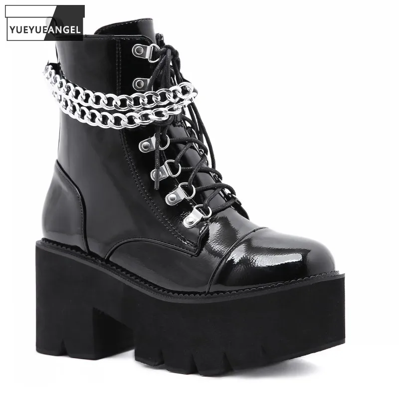 

35-43 Women High Top Shoes Punk Style Chain Pu Leather Gothic Ankle Boots Platform Chunky Heels Motorcycle Short Boots