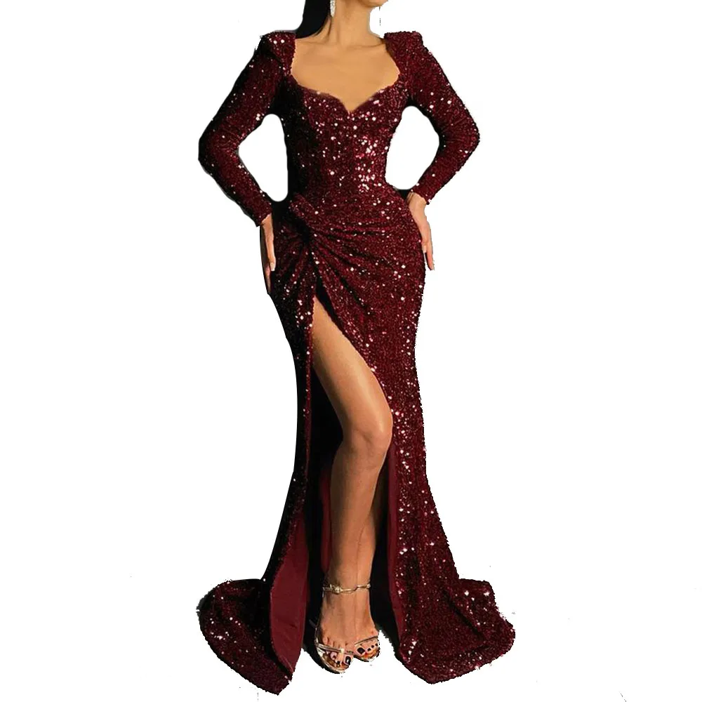 

Minimalist Party Dress Spring Autumn Fashion Temperament Elegant Designer Creative Split Sexy Sequins Folds V-neck Long Sleeve