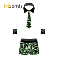 mens camouflage printed patent leather sexy sailor cosplay lingerie set nightwear elastic waistband boxer shorts necktie cuffs