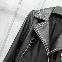 Autumn Genuine Leather Motorcycle Jacket Fashion Women Streetwear Lapel Rivets Zip Sheepskin Short Jackets Loose Punk Tops Coat