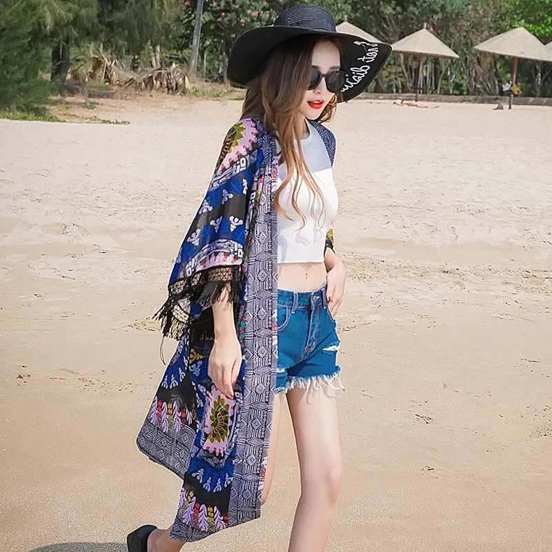 Модное женское длинное кимоно Cheshanf с тропическим цветочным принтом кардиган