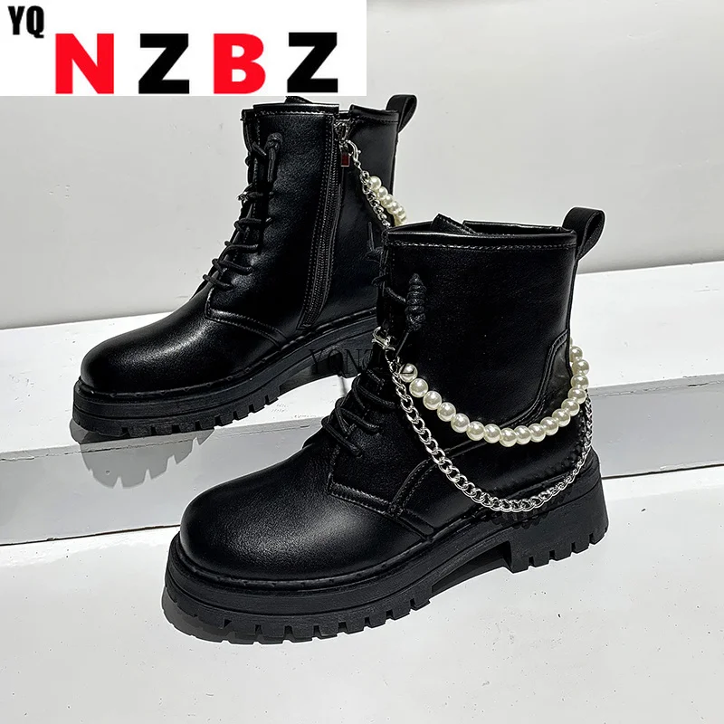 

2022 Autumn Winter New Square Toe Thick Heel Platform Belt Buckle Platform Shoes Female Chain Beaded Martin Boots Women Shoes