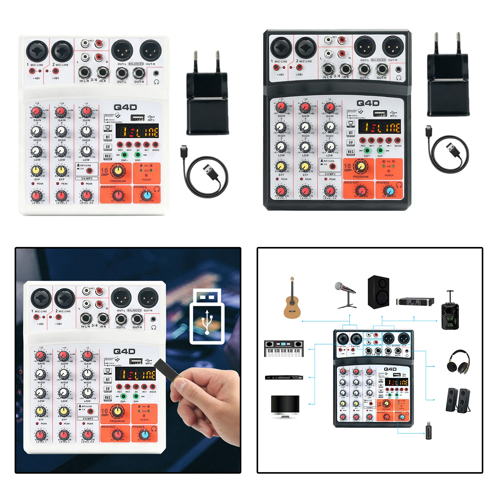 4 канальный звуковой микшер миксер USB 16DSP эффекты MP3 вход белый|Детали и аксессуары