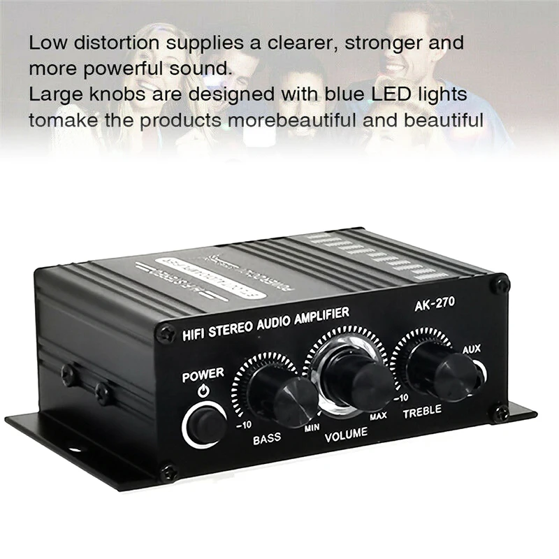 AK270 12V Mini Audio Power Amplifier Digital Audio Receiver AMP Dual Channel 20W+20W Bass Treble Volume Control for Car Home Use