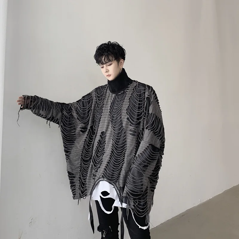 Spring autumn men ripped hole oversized punk hoodie stand collar sweatshirt vintage patchwork loose pullover | Мужская одежда