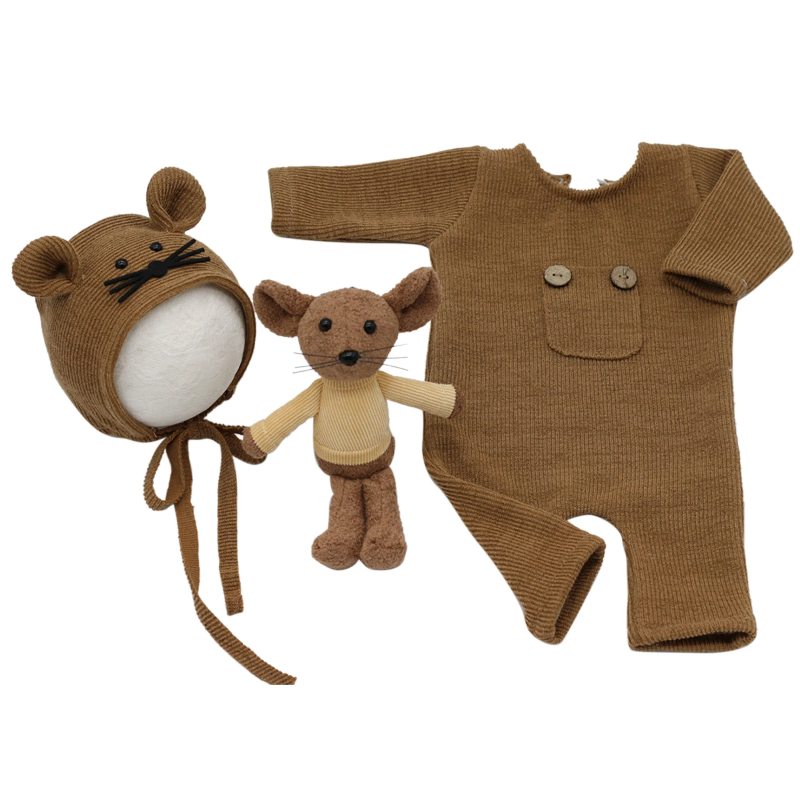 

3pcs/set Jumpsuit Hat Cute Photo Infant Soft Button Outfits Newborn Photography Prop Suit Knitted Cotton Comfortable Mouse Doll