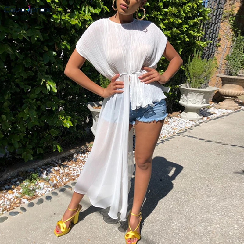 Женская шифоновая Асимметричная рубашка с поясом и О образным вырезом