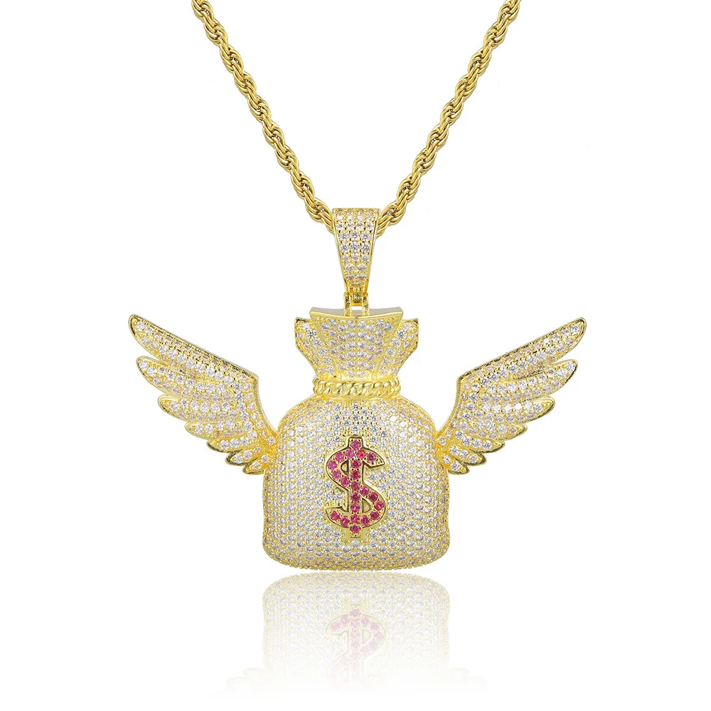

2019 new arrived Men Hip hop Iced out bling dollar with wings pendant necklaces AAA Zircon Charm Necklace Hiphop jewelry gifts