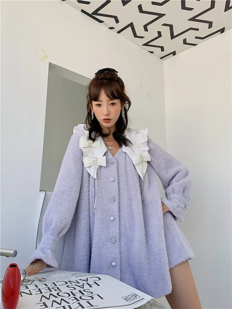 

SuperAen Peter Pan Collar Shirt Fashion Purple Full Top New Style A-LINE Bow Sweet Above Knee, Mini Dresses for Women