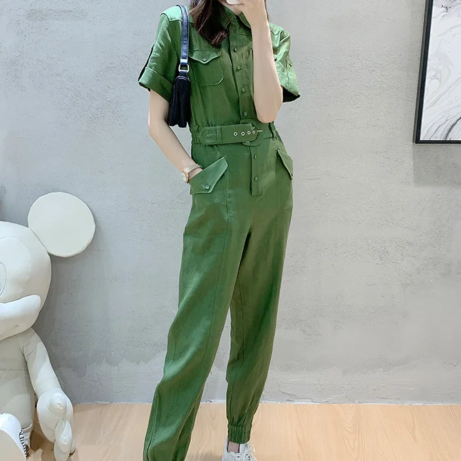 2021 Summer Women's New Products Slim-fit Casual Leggings Workwear-style Linen Green Jumpsuit