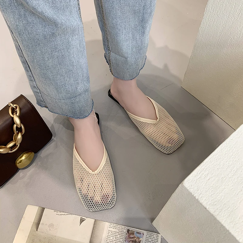 

Slippers Casual Flat Shoes Female Slipers Women Mules Sexy Cover Toe Loafers Slides Low Luxury Soft 2021 Summer Bonded Leather F
