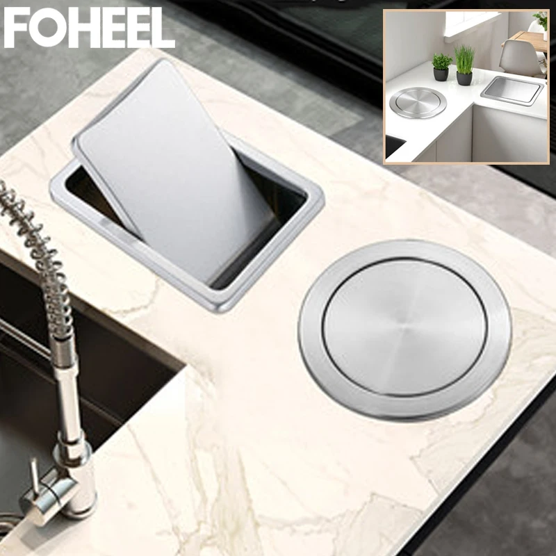 

FOHEEL Kitchen Sink parts Kitchen Counter Top Stainless Steel Flush Recessed Swing Flap Lid Cover Trash Bin Garbage Can FKS49