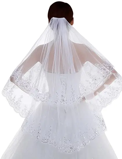 

2 Tier Lace Sequins Edge Fingertip Length Bridal Wedding Veil 2022