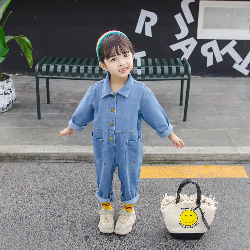 

Girl spring and autumn denim jumpsuit Girl cartoon patterned bodysuit Girl convenient to take off bodysuit Girl climbing suit