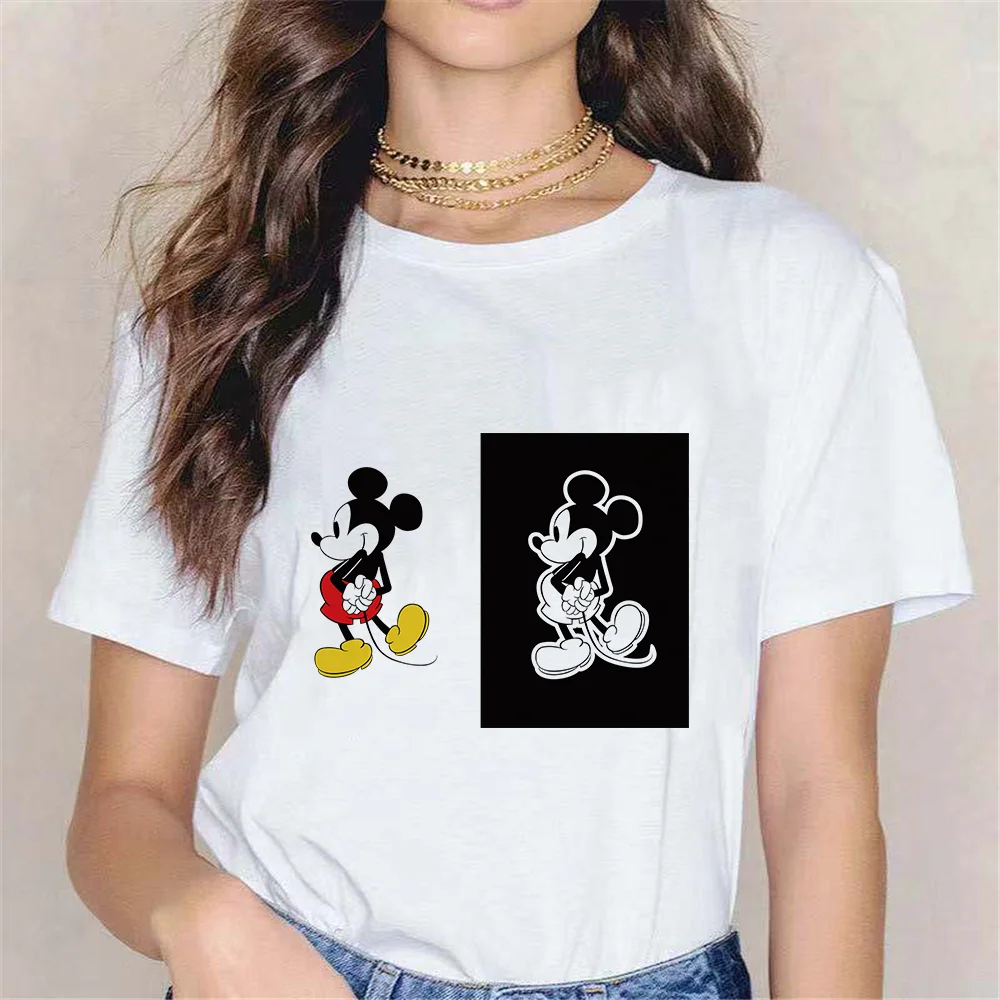 

Funny Mickey Mouse Women T Shirt 2022 Summer Disney Kawaii Graphic Tees O-Neck Short Sleeve T-Shirts Casual White Tops For Girls