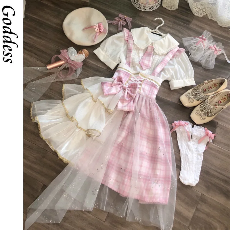 

Jsk Dress Women Kawaii Japanese Sweet Lolita Pink Plaid Patchwork Tulle High Waist Tie JK Uniform Girly Tea Party Slip Dresses