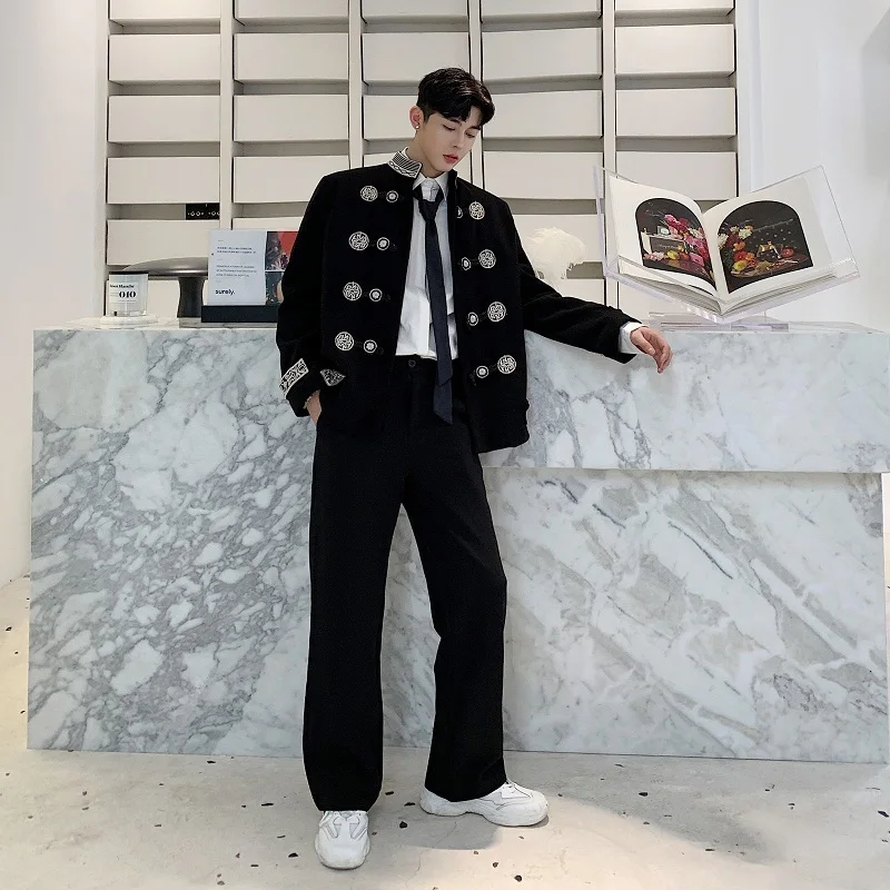 

Coat Blazer Gothic Men Vintage Embroidery Stand Collar Loose Casual Suit Jacket Male Streetwear Hip Hop Outerwear Stage Clothes