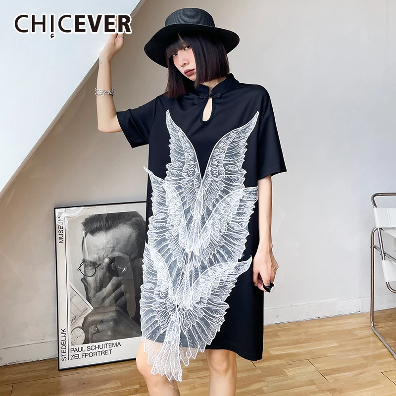 

CHICEVER, черное платье для женщин, воротник-стойка, короткий рукав, Лоскутная Вышивка, Хит, цвет, длина до колена, платья для женщин, 2021, одежда