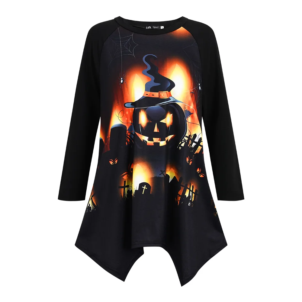 

5XL Plus Size Halloween Round Neck Tops Long Sleeved pumpkin Printing Irregular Hem Pullover Lady Loose Curve Party Streerwear