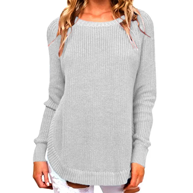 Женский вязаный свитер с разрезом по бокам повседневный однотонный джемпер