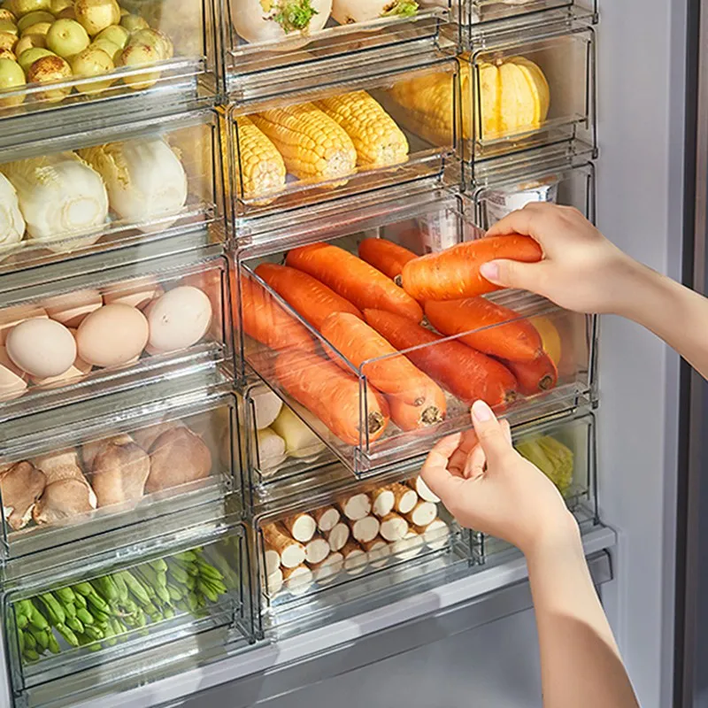 

Refrigerator Transparent Drawer Storage Box Kitchen Fridge Stackable Cabinet Home Clear Food Vegatables Fruit Meat Organizer Box