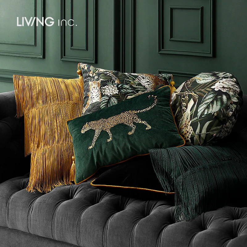 Funda de cojín con bordado de leopardo verde oscuro, funda de almohada de terciopelo Vintage, colección de animales, sofá dorado, ropa de cama