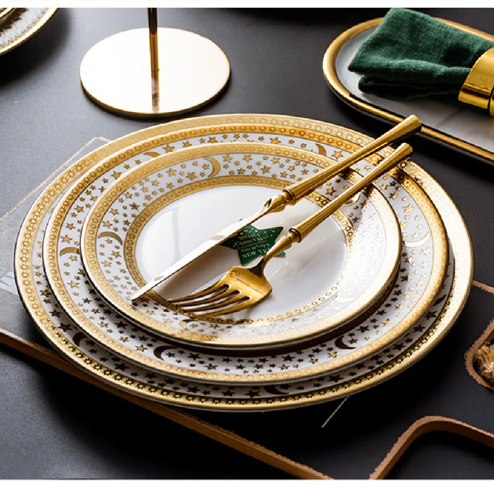

Скандинавские керамические тарелки в западном стиле, домашние блюда, тарелка для макарон тарелка для десертов, посуда с золотым ободком, бл...