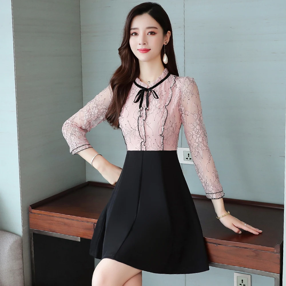 Женское кружевное платье с высокой талией в стиле пэчворк Корейском вечерние